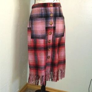 Button-Front Pink Plaid Fringe Midi Skirt